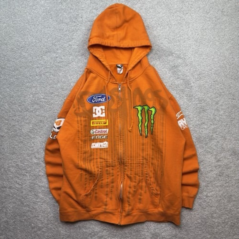 DC Shoes Ken Block 43 Monster Energy Ford Rally Racing Zip Hoodie Orange Mens XL